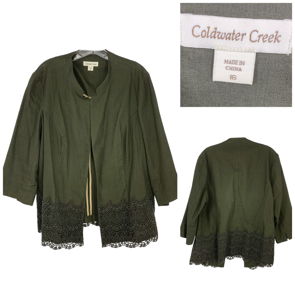 Coldwater Creek Sz 16 Olive Green Lace Trim Linen Blend Open Front Jacket Topper